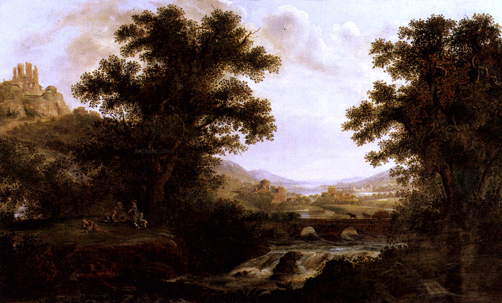James Lambert An Italianate Landscape With Drovers Crossing A Bridge And Figures By A Camp Fire - Hand Painted Oil Painting