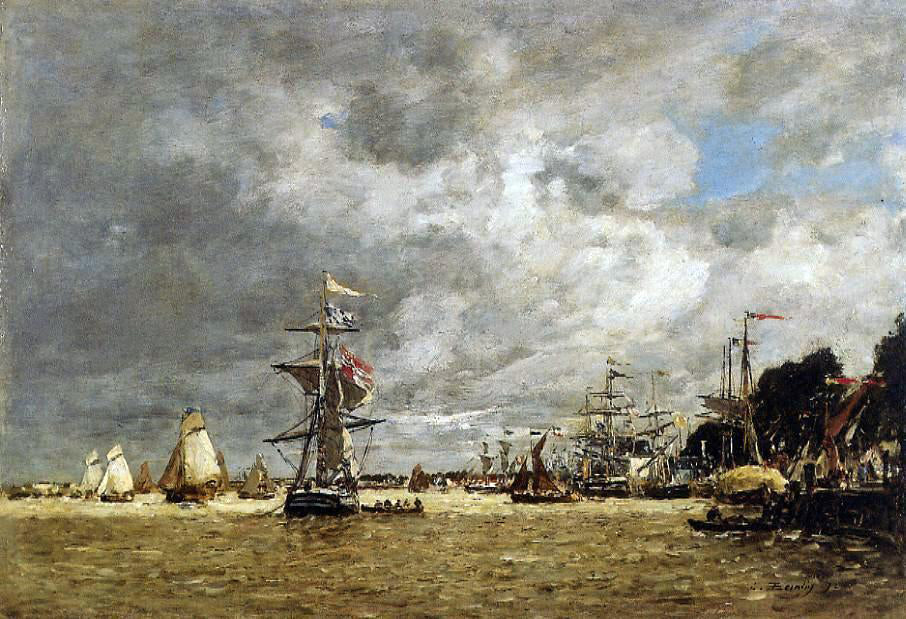 Eugene-Louis Boudin Anvers, Boats on the Ecaut - Hand Painted Oil Painting