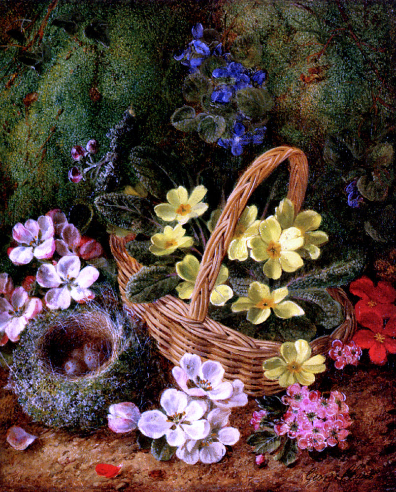 George Clare Apple Blossom And A Bird's Nest On A Mossy Bank - Hand Painted Oil Painting