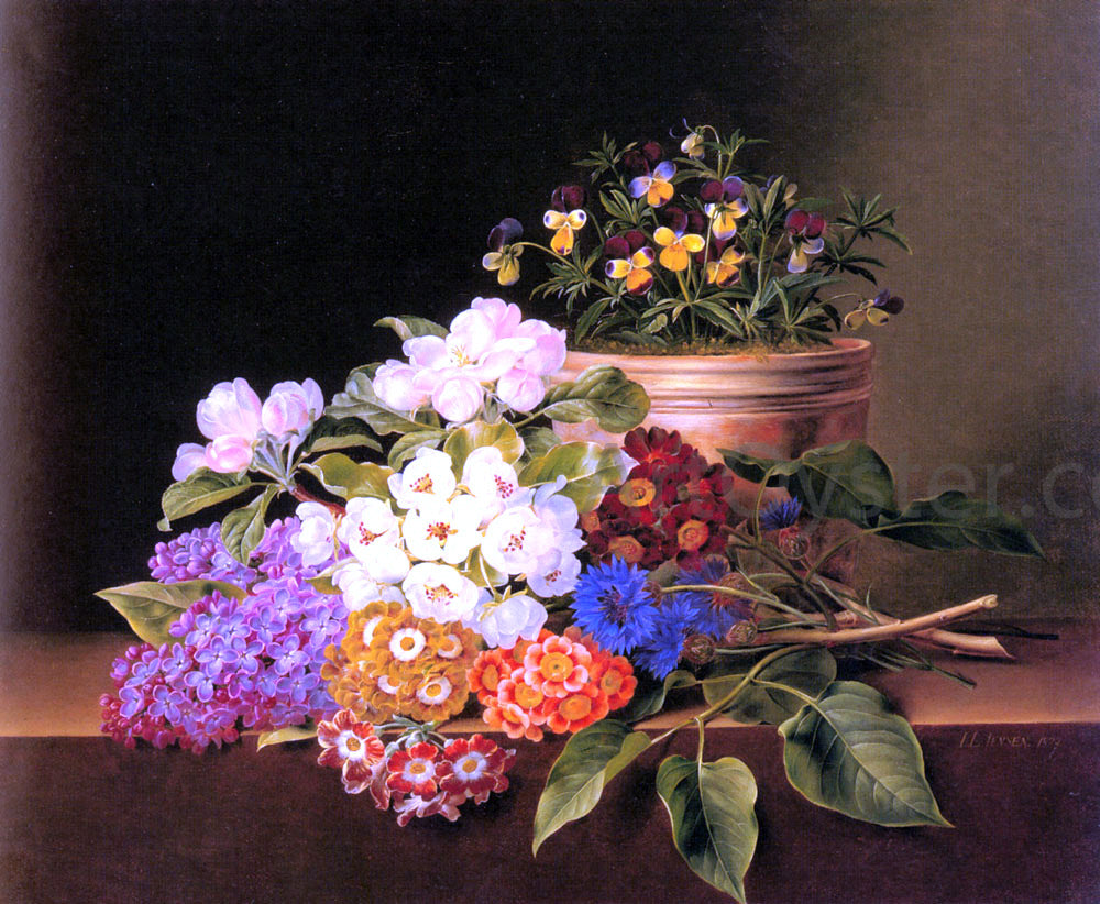 Johan Laurentz Jensen Apple Blossoms, Lilac, Violas, Cornflowers and Primroses on a Ledge - Hand Painted Oil Painting