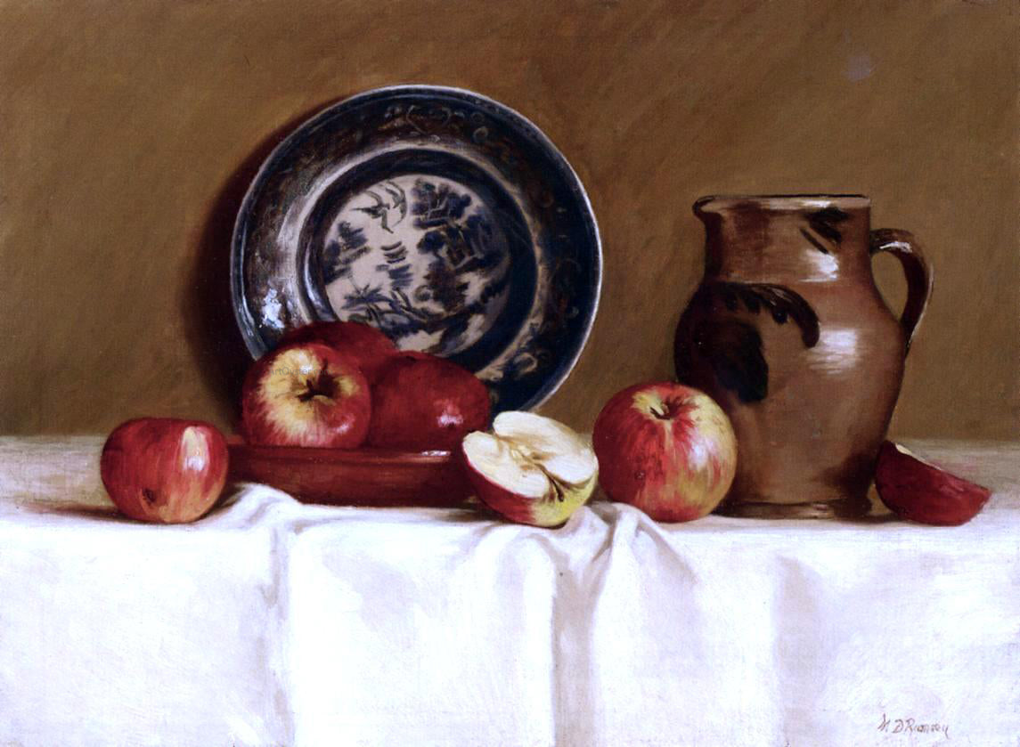 Milne Ramsey Apples, Ming Plate and Earthenware Pitcher - Hand Painted Oil Painting