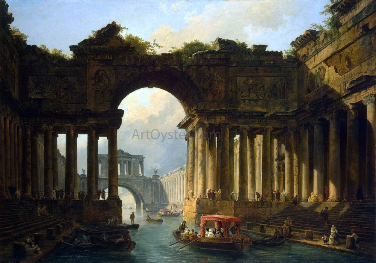  Hubert Robert Architectural Landscape with a Canal - Hand Painted Oil Painting