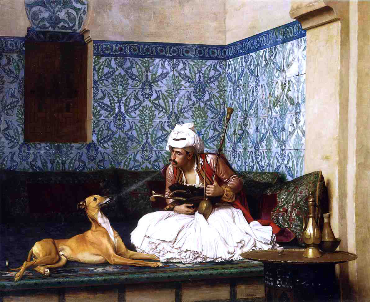Jean-Leon Gerome Arnaut Blowing Smoke in His Dog's Nose - Hand Painted Oil Painting