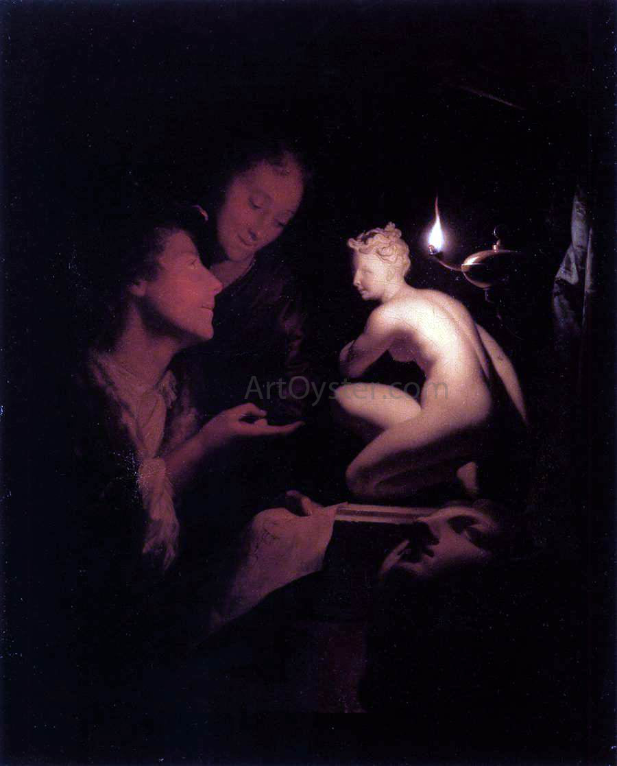  Godfried Schalcken Artist and Model Looking at an Ancient Statue by Lamplight - Hand Painted Oil Painting