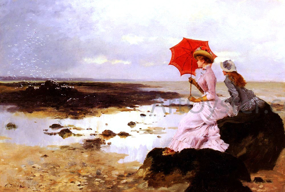 Ernest Ange Duez Au Bord De La Plage Sur Un Rocher - Hand Painted Oil Painting