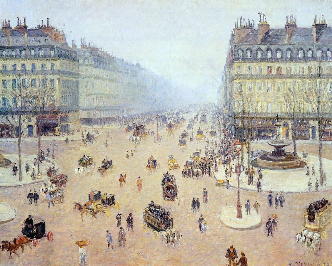 Camille Pissarro Avenue de l'Opera, Place du Thretre Francais: Misty Weather - Hand Painted Oil Painting