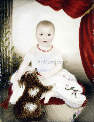 Moses B Russell Baby with Rattle and Dog - Hand Painted Oil Painting