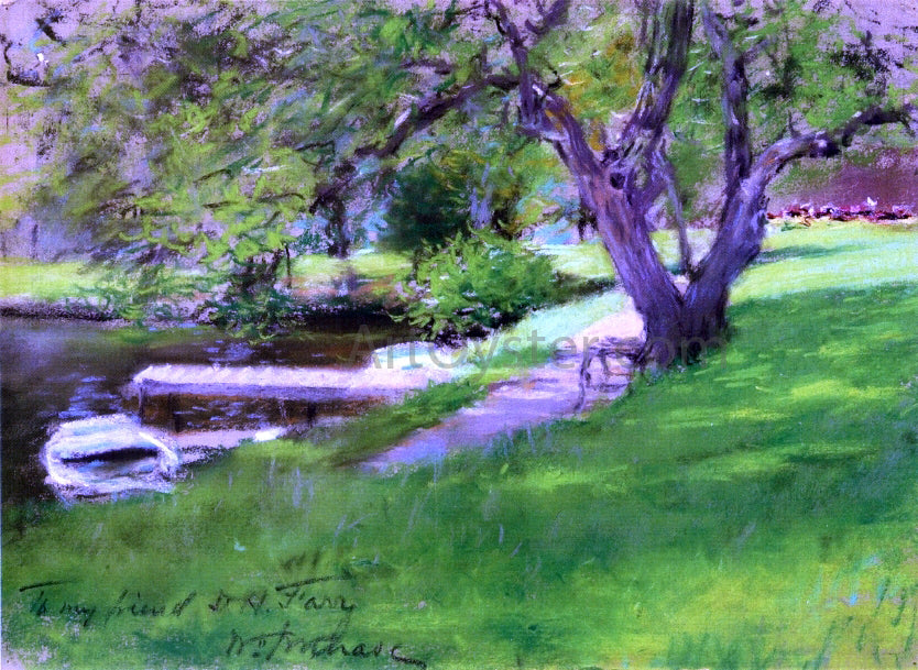 William Merritt Chase Bank of a Lake in Central Park - Hand Painted Oil Painting