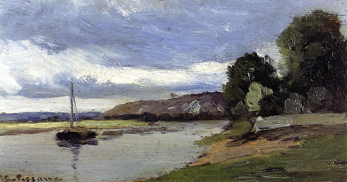 Camille Pissarro Banks of a River with Barge - Hand Painted Oil Painting