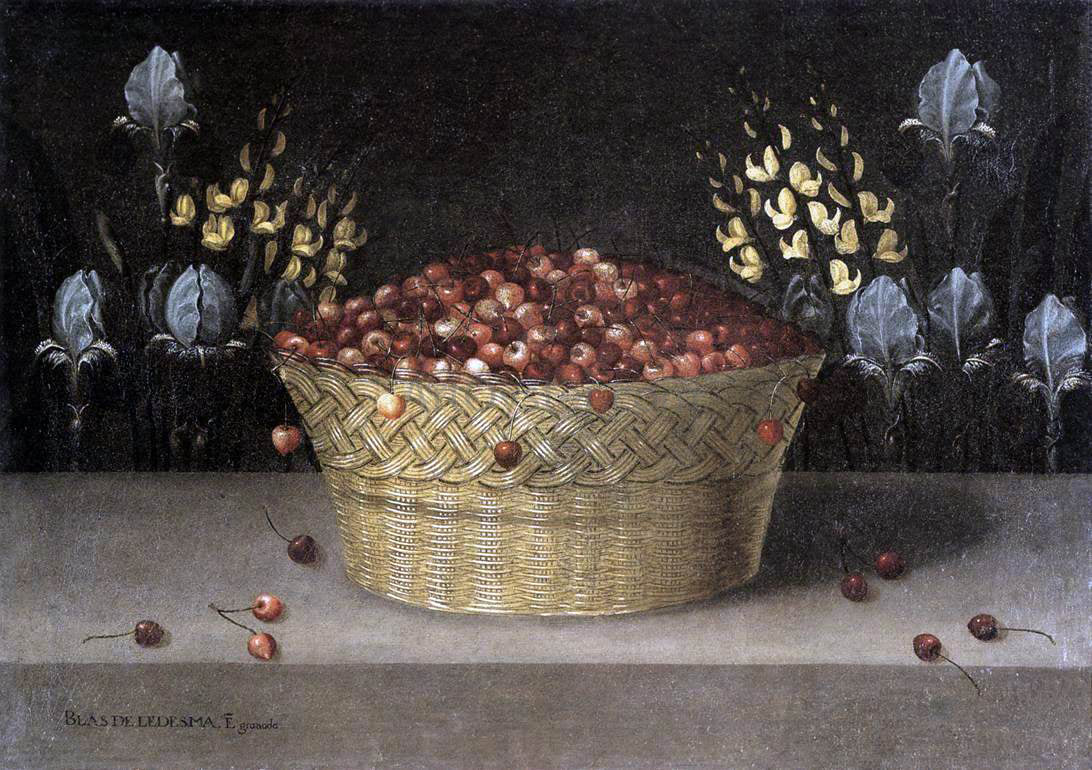 Blas De Ledesma Basket of Cherries and Flowers - Hand Painted Oil Painting
