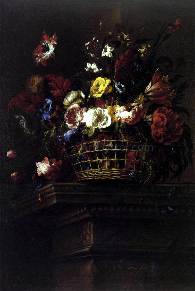 Juan De Arellano Basket of Flowers on a Plinth - Hand Painted Oil Painting