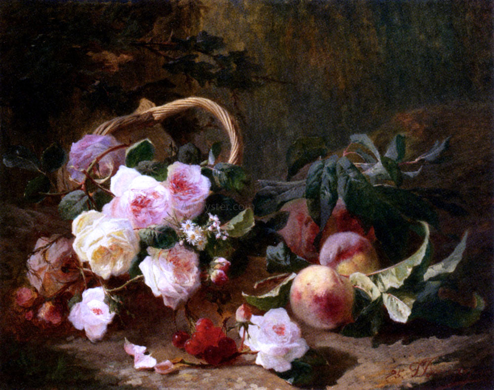 Pierre Bourgogne Basket of Roses and Fruits - Hand Painted Oil Painting