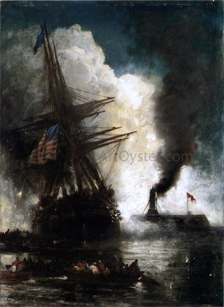Edward Moran Battle Between Ironclad, Merrimac and Chesapeake - Hand Painted Oil Painting