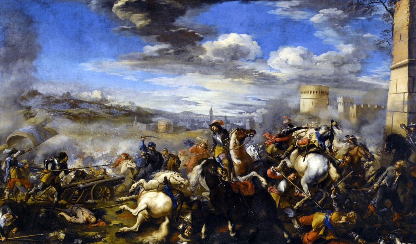  Jacques Courtois Battle Scene with Infantry Cavalry and Cannon - a Fortress and a City Beyond - Hand Painted Oil Painting