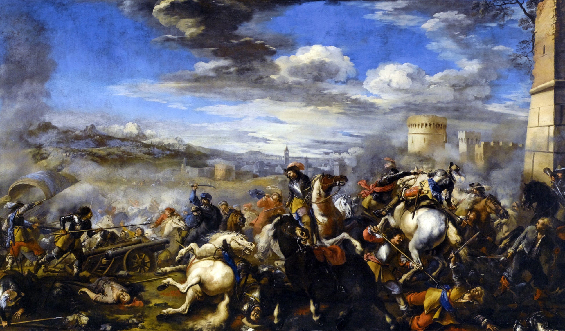  Jacques Courtois Battle Scene with Infantry Cavalry and Cannon - a Fortress and a City Beyond - Hand Painted Oil Painting