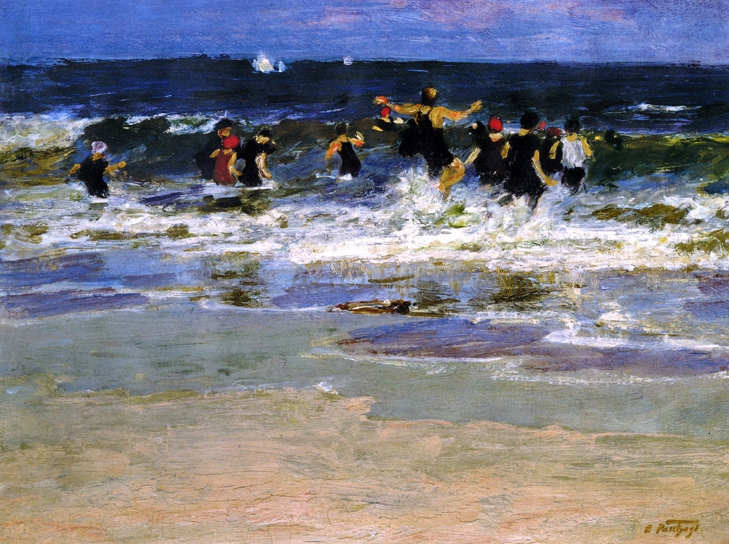 Edward Potthast Beach Scene, Jumping in the Surf - Hand Painted Oil Painting