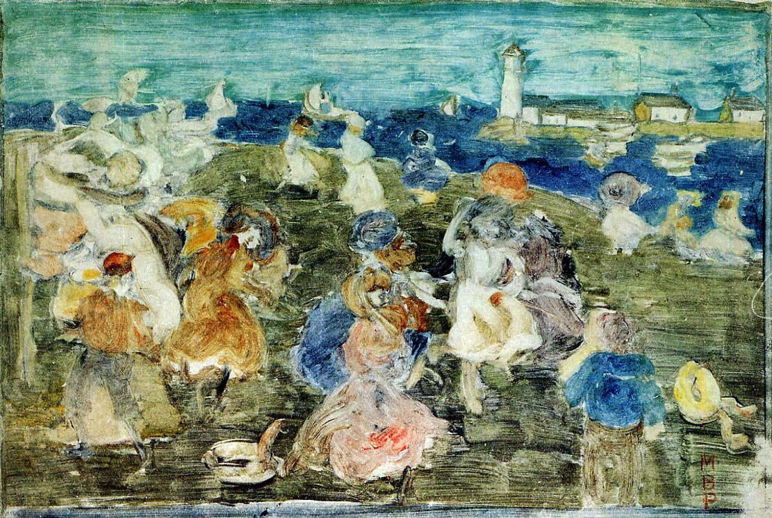 Maurice Prendergast Beach Scene with Lighthouse (also known as Children at the Seashore) - Hand Painted Oil Painting