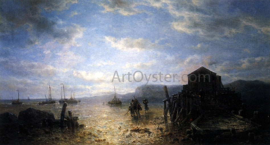Francois Etienne Musin Beached Bomschuiten and Shrimp Fishers by a Jetty at Low Tide - Hand Painted Oil Painting