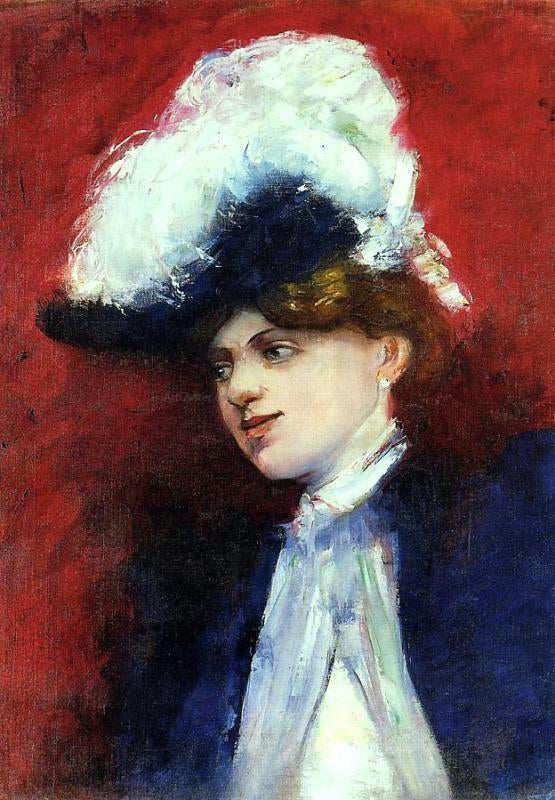 Lesser Ury Beautiful Woman with Feathered Hat - Hand Painted Oil Painting