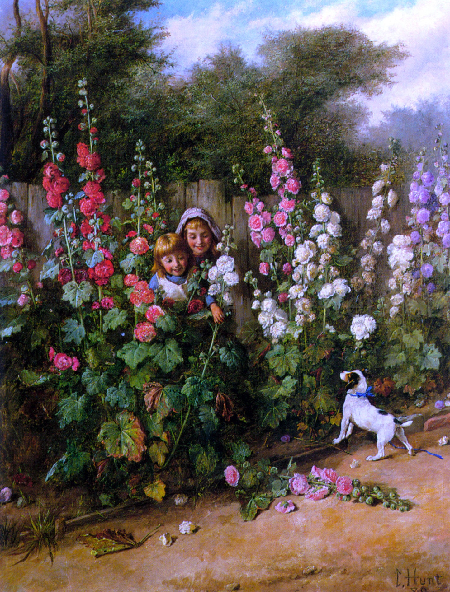 Charles Hunt Behind the Hollyhocks - Hand Painted Oil Painting