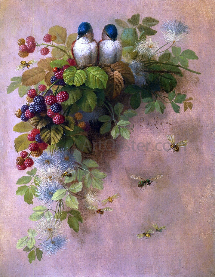 Raoul Paul Maucherat De Longpre Birds, Bees and Berries - Hand Painted Oil Painting