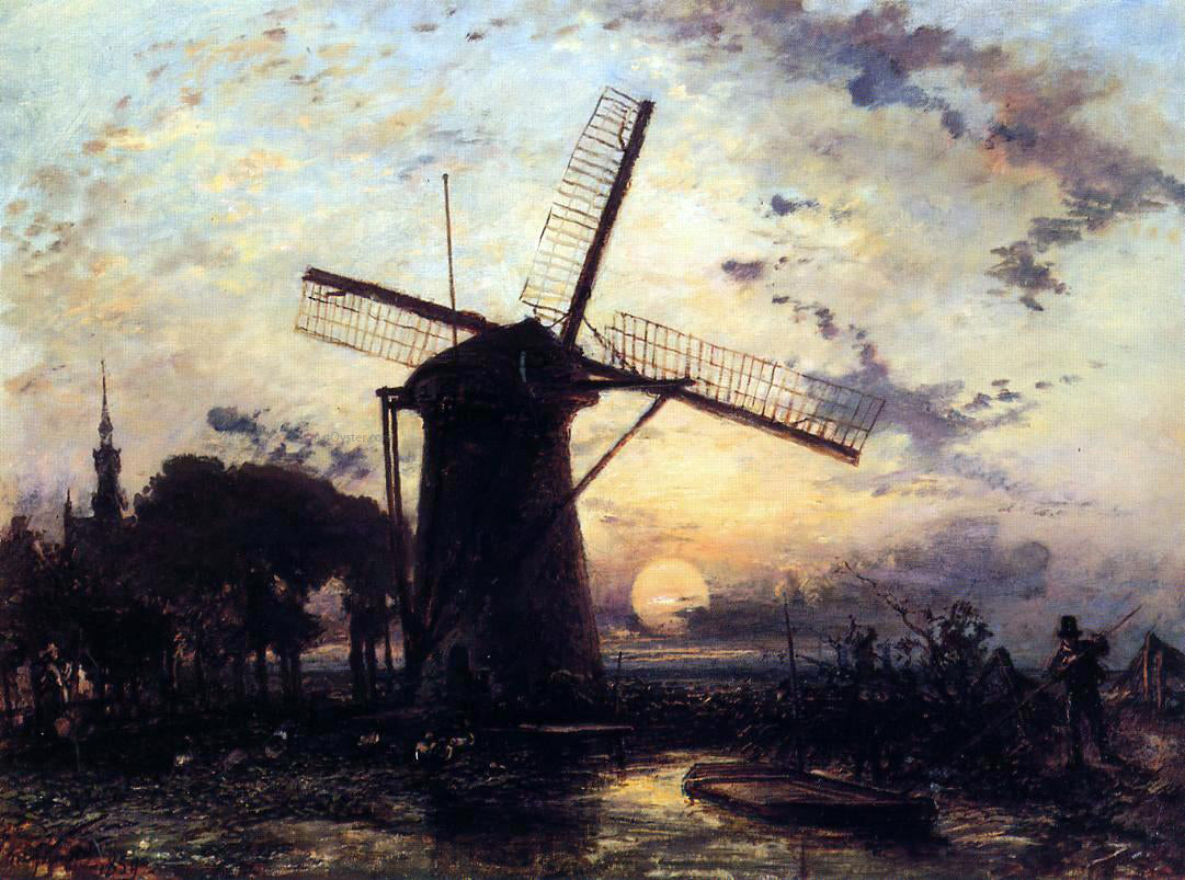 Johan Barthold Jongkind Boatman by a Windmill at Sundown - Hand Painted Oil Painting