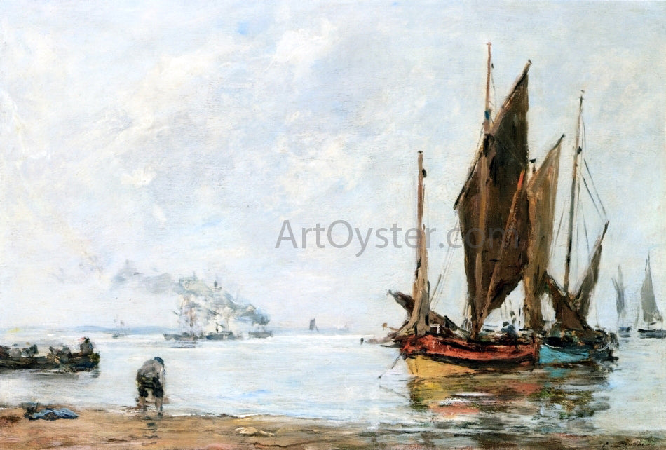 Eugene-Louis Boudin Boats At Anchor along the Shore - Hand Painted Oil Painting
