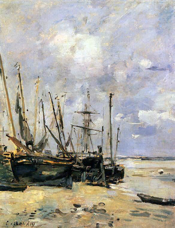 Eugene-Louis Boudin Boats at the Beach at Low Tide - Hand Painted Oil Painting