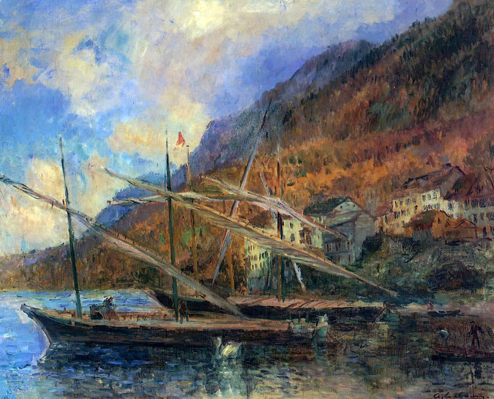 Albert Lebourg Boats by the Banks of Lake Geneva at Saint-Gingolph - Hand Painted Oil Painting