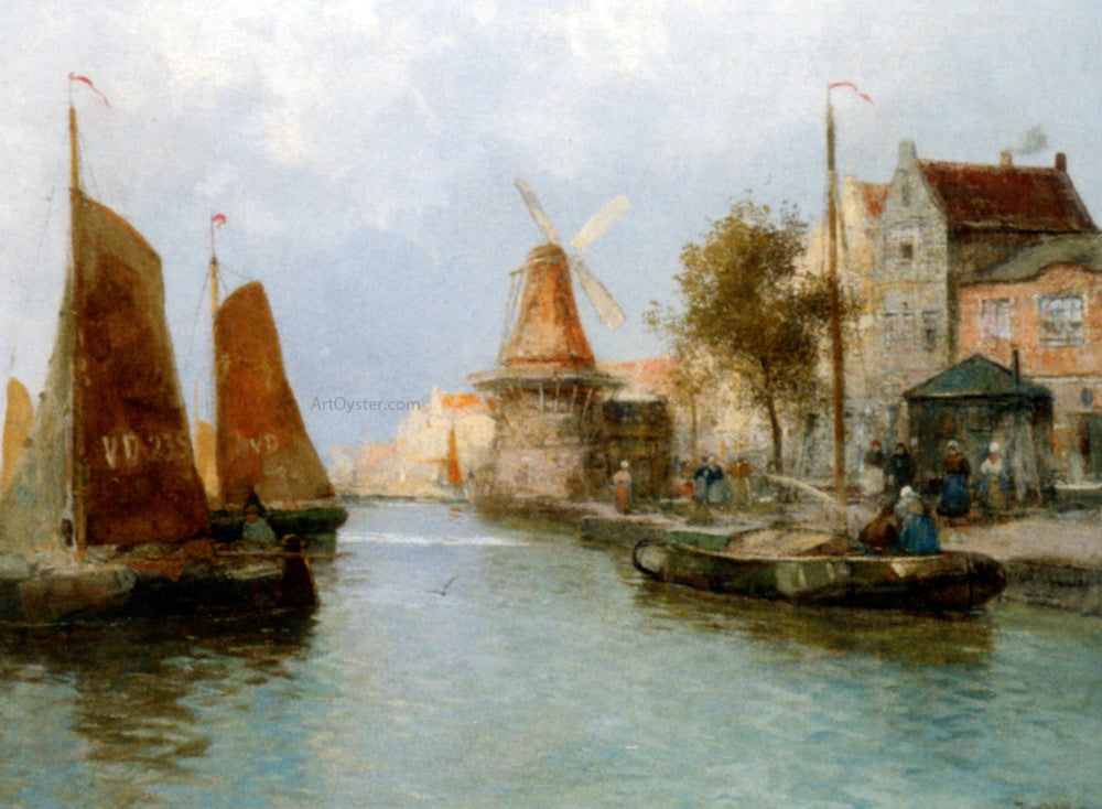 Carl Wagner Boats by the Riverbank - Hand Painted Oil Painting
