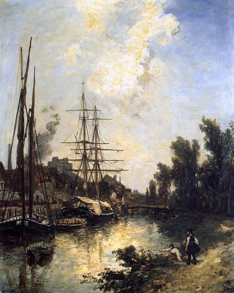 Johan Barthold Jongkind Boats Dockside - Hand Painted Oil Painting