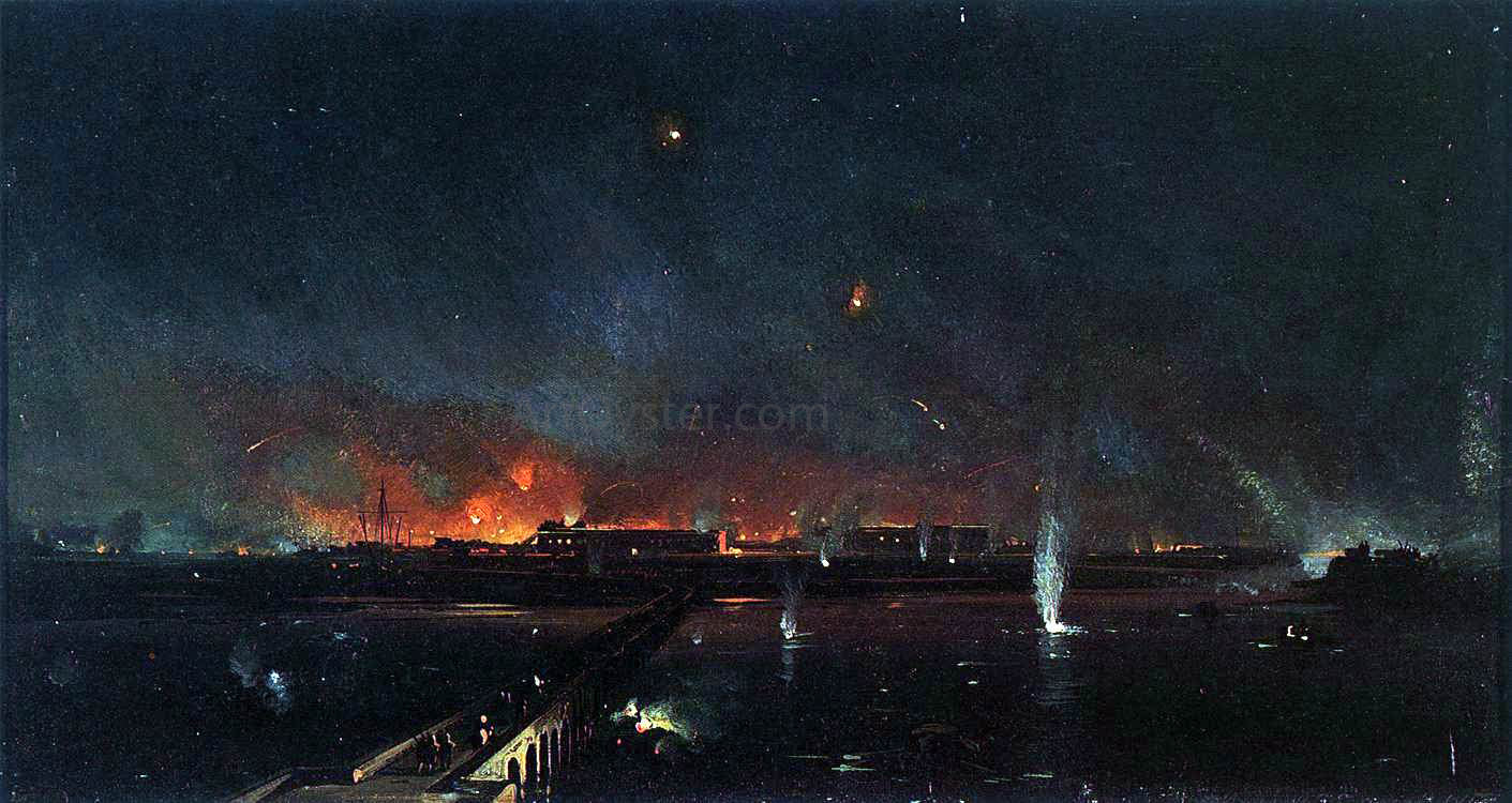 Ippolito Caffi Bombardment of Marghera on the Night of May 24, 1849 - Hand Painted Oil Painting