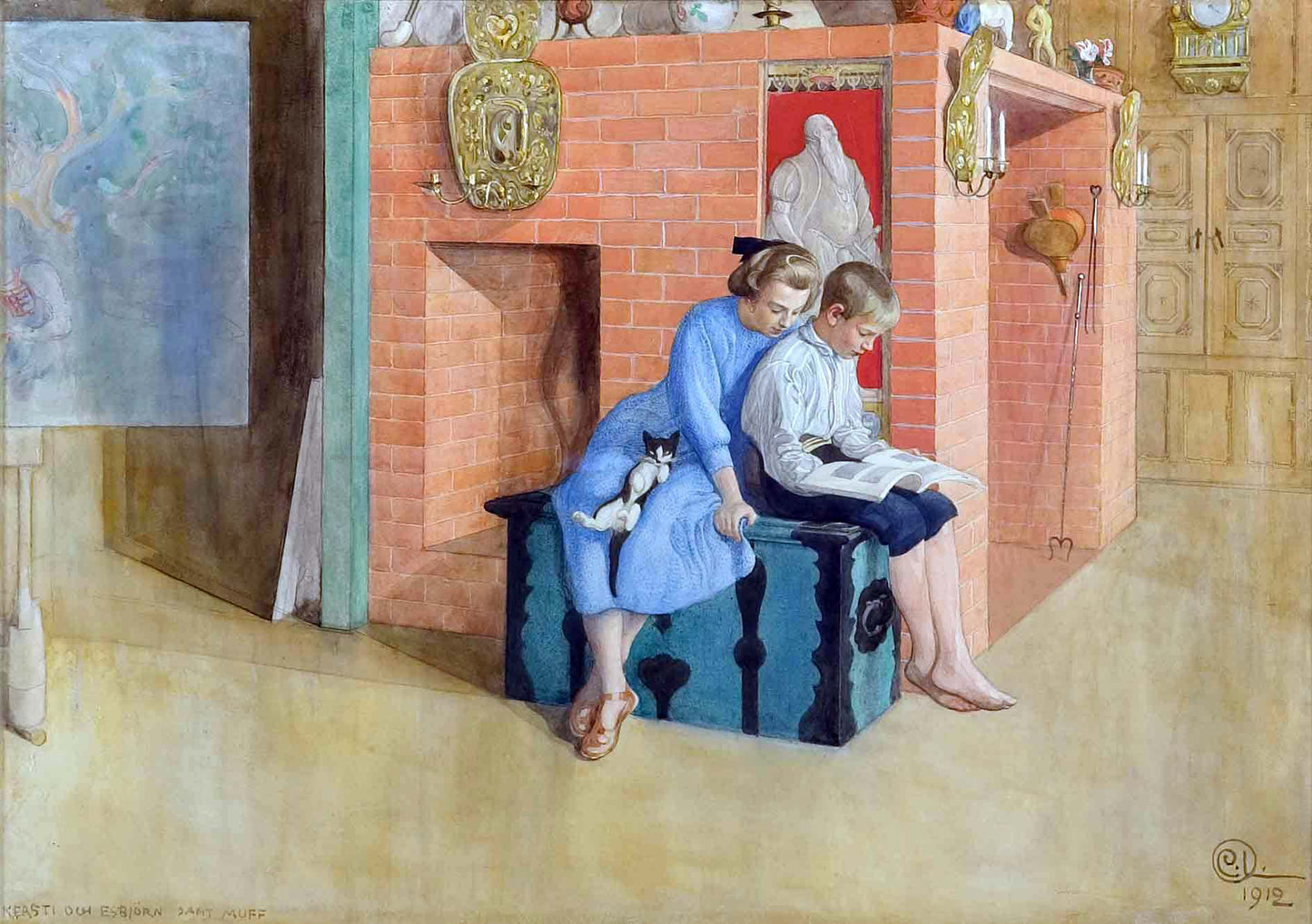 Carl Larsson Book for three (also known as TRE OM EN BOK / KERSTI OCH ESBJORN SAMT MUFF) - Hand Painted Oil Painting
