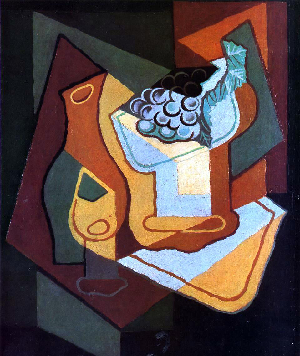 Juan Gris Bottle, Wine Glass and Fruit Bowl - Hand Painted Oil Painting