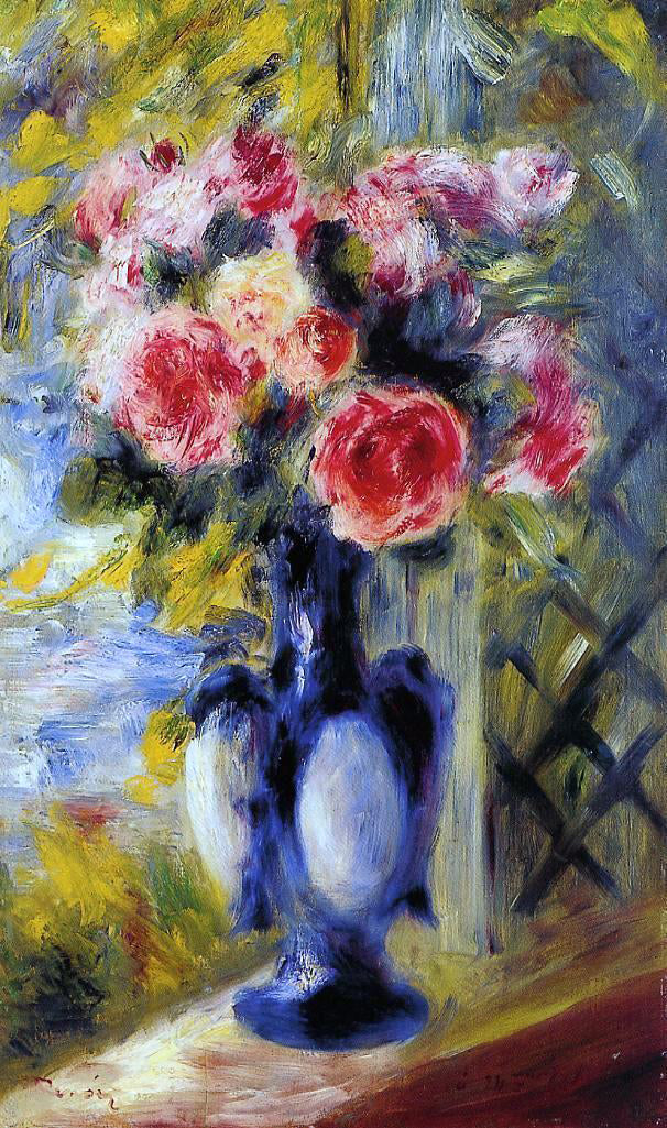 Pierre Auguste Renoir Bouquet of Roses in a Blue Vase - Hand Painted Oil Painting