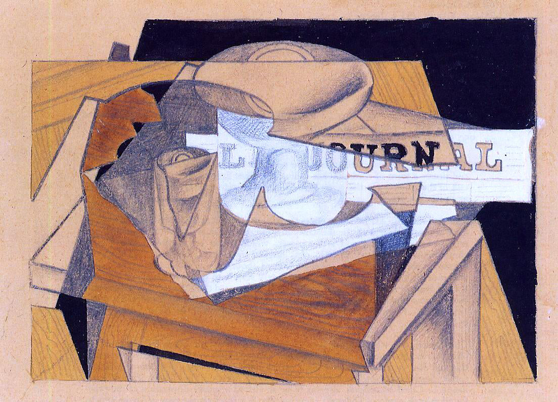 Juan Gris Bowl, Glass and Newspaper - Hand Painted Oil Painting