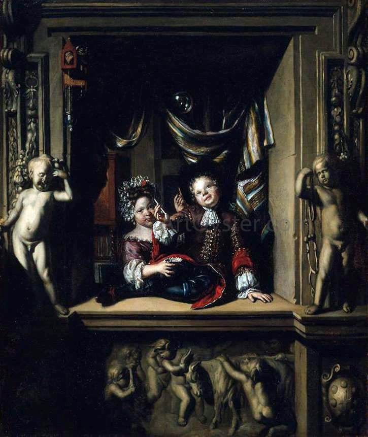 Matthijs Naiveu Boy and Girl Blowing Soap Bubbles - Hand Painted Oil Painting