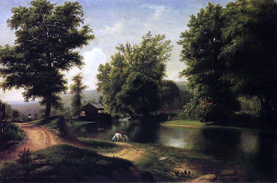 George Hetzel Boy on a White Horse at Edge of Pond - Hand Painted Oil Painting
