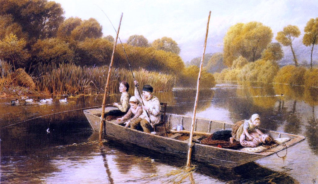 Myles Birket Foster Boys Fishing from a Punt - Hand Painted Oil Painting