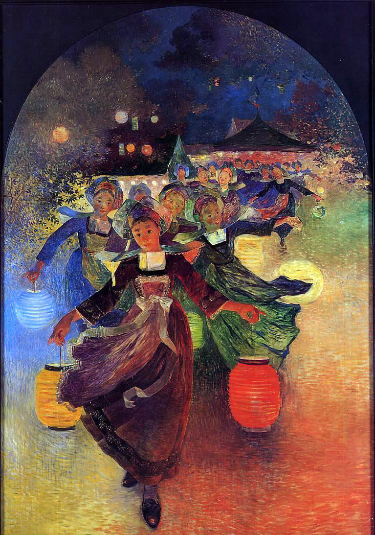 Ferdinand Du Puigaudeau Breton Girls with Chinese Lanterns - Hand Painted Oil Painting