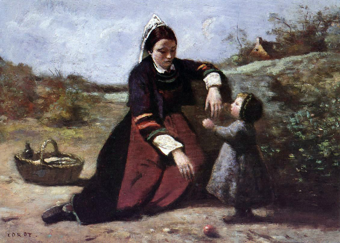 Jean-Baptiste-Camille Corot Breton Woman With Her Little Girl - Hand Painted Oil Painting