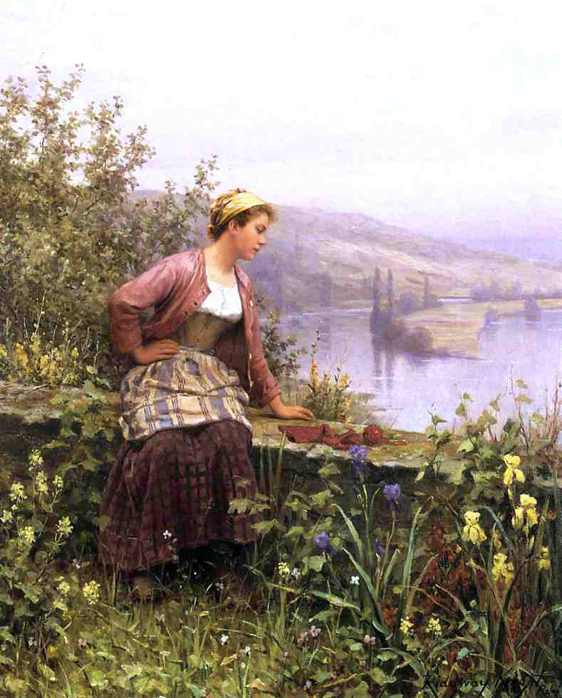  Daniel Ridgway Knight Brittany Girl Overlooking Stream - Hand Painted Oil Painting