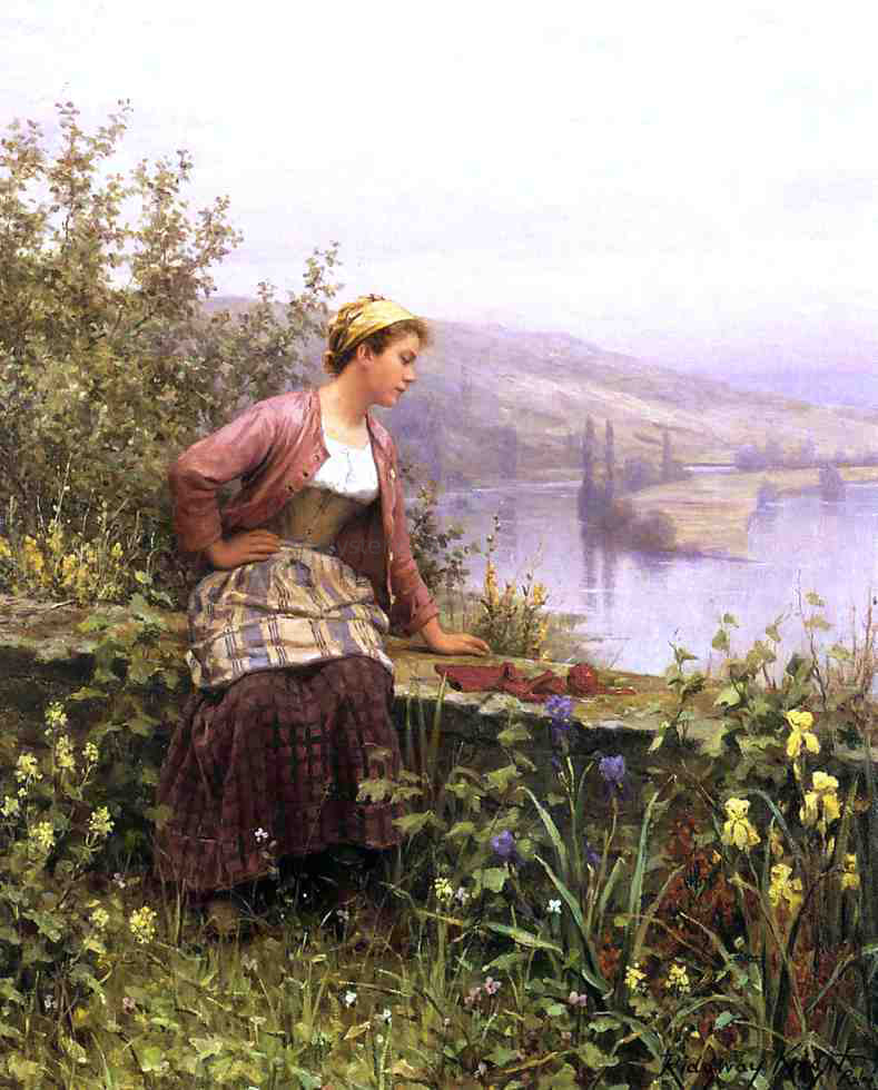 Daniel Ridgway Knight Brittany Girl Overlooking Stream - Hand Painted Oil Painting