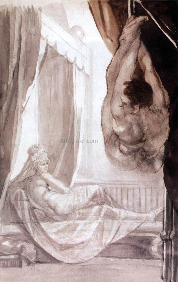 John Henry Fuseli Brunhilde Observing Gunther, Whom She Has Tied to the Ceiling - Hand Painted Oil Painting