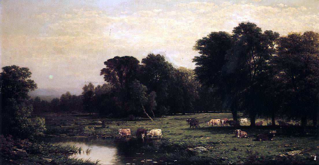 John W Casilear Bucolic Landscape with Cows - Hand Painted Oil Painting