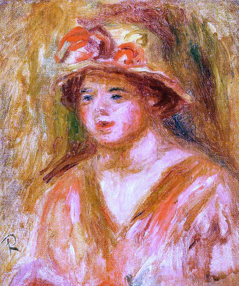 Pierre Auguste Renoir Bust of a Young Girl in a Straw Hat - Hand Painted Oil Painting