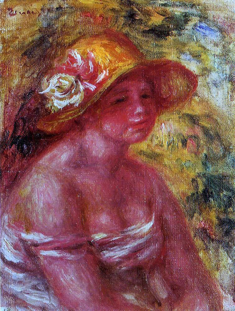 Pierre Auguste Renoir Bust of a Young Girl Wearing a Straw Hat - Hand Painted Oil Painting