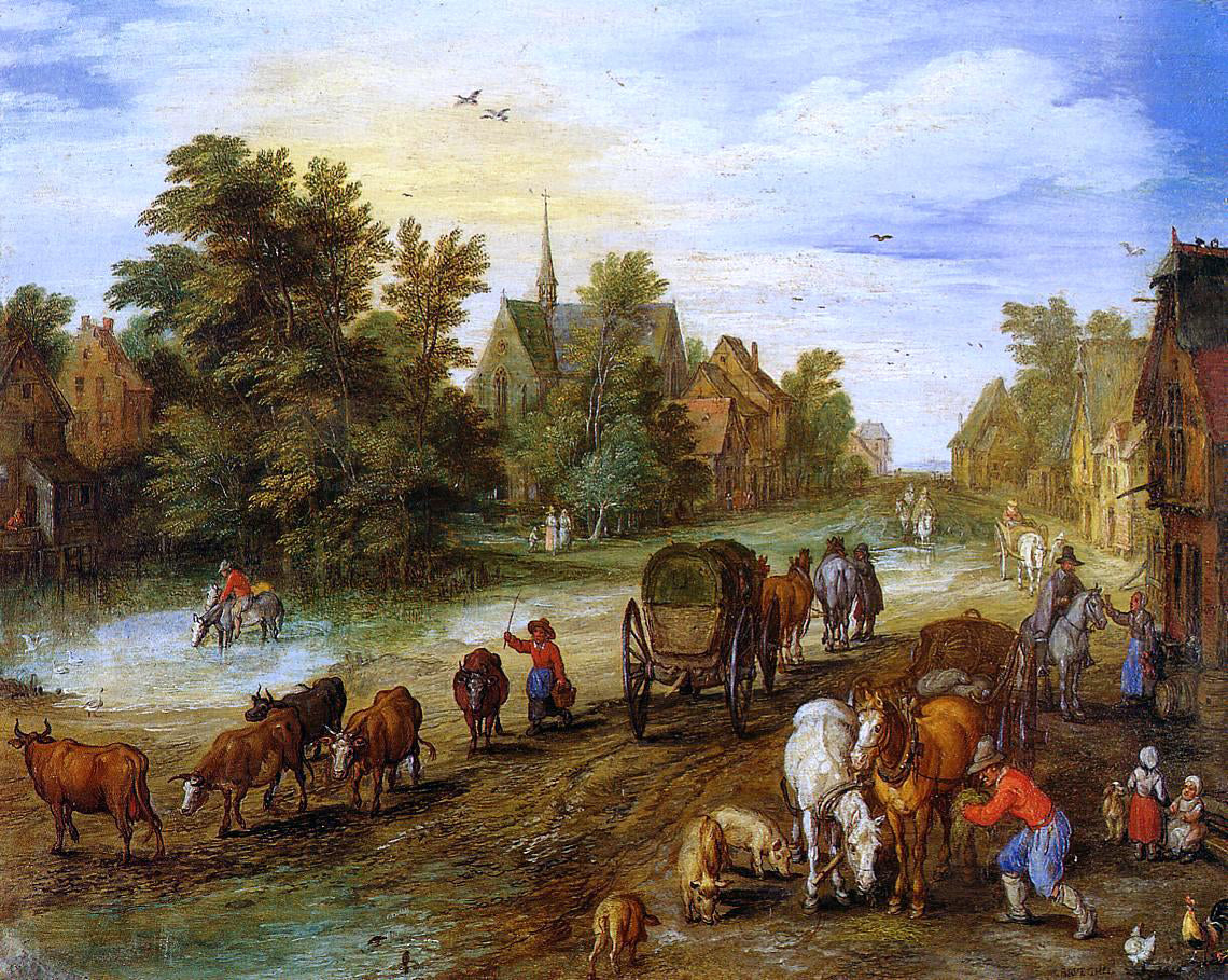 The Elder Jan Bruegel Busy Village Street with Resting Travellers - Hand Painted Oil Painting