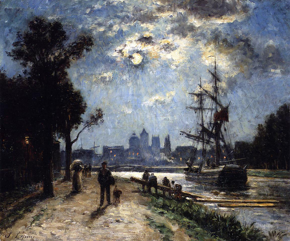 Stanislas Lepine Caen, Le Long de l'Orne peint depuis le cours Caffarelli, effet de lune - Hand Painted Oil Painting
