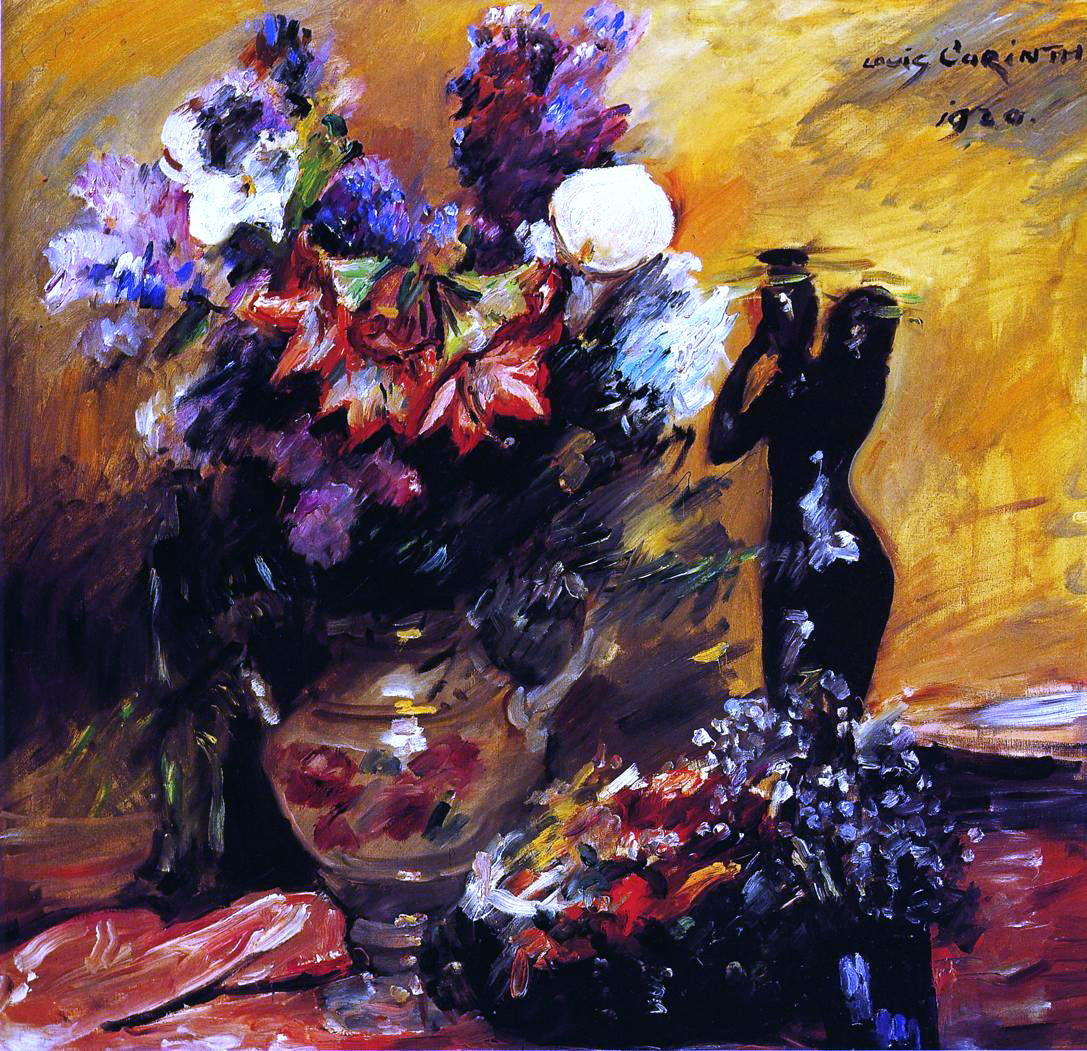 Lovis Corinth Cala lilies andn Lilacs with a Bronze Figurine - Hand Painted Oil Painting